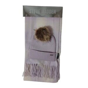 STEVE MADDEN Pastel Lilac Lavender White Fringe Scarf Hat Beany Winter Fringe